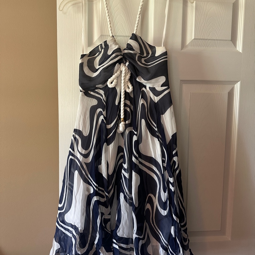 Milly Navy and White Halter Dress with Rope Straps